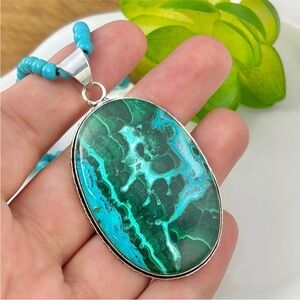 Southwest Malachite Chrysocolla Pendant Necklace Sterling Silver 925 Overlay